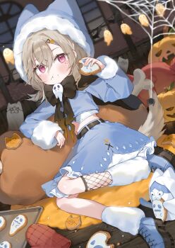 Rule 34 | absurdres, black bow, black bowtie, blue shirt, blue shorts, blue skirt, bow, bowtie, closed mouth, commentary request, cookie, crop top, cropped shirt, eating, fishnets, food, food on face, full body, ghost, grey hair, hair between eyes, hair ornament, halloween, highres, holding, holding cookie, holding food, komori met, layered skirt, long bangs, long sleeves, looking at viewer, medium hair, midriff, navel, pink hair, pumpkin, reclining, shirt, shorts, silk, skirt, socks, spider web, torn bowtie, triangle hair ornament, useq1067, virtual youtuber, vspo!, white socks