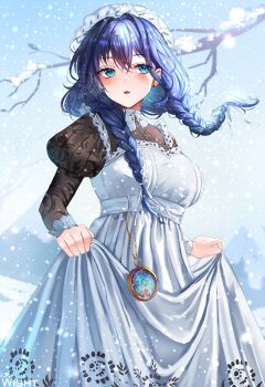 1girl absurdres apron artist_name black_dress blue_eyes blue_hair blush braid branch breasts commentary dress embroidered_dress english_commentary floating_hair frilled_hat frills hat high-waist_dress highres hololive hololive_english juliet_sleeves lifting_own_clothes long_hair long_sleeves looking_at_viewer low_twin_braids maid maid_apron maid_headdress official_alternate_costume official_alternate_hairstyle open_mouth ouro_kronii ouro_kronii_(maid) outdoors parted_lips pocket_watch puffy_sleeves puritan_collar skirt_hold snow snowing solo twin_braids victorian_maid virtual_youtuber watch white_dress winter wisht0