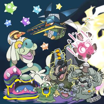 alolan_form alolan_geodude alolan_golem alolan_graveler alolan_grimer alolan_muk ariga_hitoshi black_eyes bug charjabug colored_sclera commentary_request drampa electricity fangs gen_7_pokemon grubbin holding holding_pokemon legendary_pokemon looking_at_viewer minior necrozma necrozma_(ultra) nintendo no_humans on_head open_mouth pokemon pokemon_(creature) pokemon_on_head purple_eyes red_eyes signature tongue vikavolt yellow_sclera