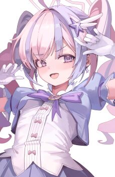 1girl absurdres blue_archive breasts commentary dated_commentary gloves hair_ornament highres jun_daniell magical_girl multicolored_hair official_alternate_costume pink_hair purple_eyes reisa_(blue_archive) reisa_(magical)_(blue_archive) simple_background small_breasts solo star_(symbol) star_hair_ornament twintails white_background white_gloves