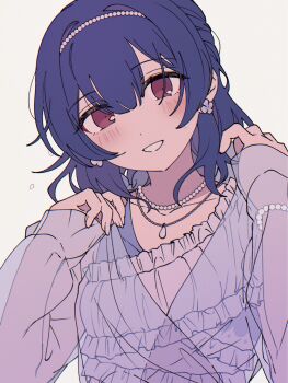 1girl bead_bracelet bead_hairband bead_necklace beads black_hair bracelet collarbone earrings fingernails flower_earrings frilled_shirt frills hair_down hair_intakes hands_up head_tilt highres idolmaster idolmaster_shiny_colors jacket jewelry long_hair long_sleeves looking_at_viewer morino_rinze necklace niyororinpayamaru red_eyes see-through_clothes see-through_jacket shirt simple_background smile solo teeth upper_body white_background white_shirt