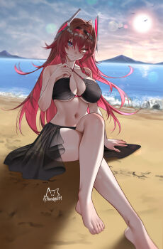 1girl achromaru aether_gazer beach bikini black_bikini blue_eyes blush breasts brown_eyes commission crossed_legs heterochromia highres large_breasts navel ocean red_hair sand sitting solo swimsuit verthandi_(aether_gazer) water