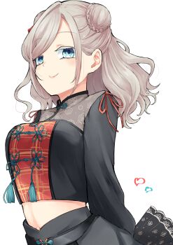 1girl absurdres black_skirt blue_eyes braid breasts bun_with_braided_base ceras_yanagida_lilienfeld chinese_clothes closed_mouth commentary double_bun grey_hair hair_bun hasu_no_sora_pop_up_shop_china_collection heart highres link!_like!_love_live! long_sleeves looking_at_viewer love_live! medium_breasts mendo_(mend0o0) midriff official_alternate_costume red_shirt shirt simple_background skirt smile solo virtual_youtuber white_background