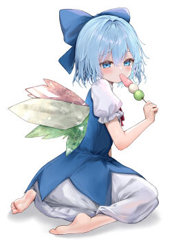 1girl barefoot blue_dress blue_eyes blue_hair cirno dango dress eating fairy food hair_intakes hair_ribbon highres icicle looking_at_viewer medium_hair mikan_(manmarumikan) ribbon sitting touhou wagashi wariza white_background wings
