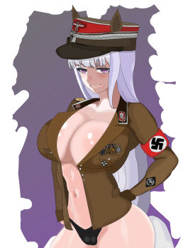 1girl animal_ears breasts brown_jacket germany gold hat highres horse_ears horse_girl horse_tail jacket keibu kepi military military_hat military_uniform navel nazi non-web_source open_mouth ship tail teacher tongue tongue_out umamusume watercraft