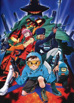 Rule 34 | 2girls, absurdres, blonde hair, blue hoodie, canti, car, dark-skinned female, dark skin, flcl, guitar, haruhara haruko, highres, holding, holding weapon, hood, hoodie, instrument, kitsurubami, motor vehicle, multiple girls, nandaba naota, official art, open mouth, orange goggles, pink hair, robot, short hair, shorts, sunglasses, teeth, weapon