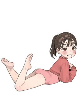 1girl absurdres ass athletic_leotard barefoot blush brown_eyes brown_hair feet feet_up female_focus from_side full_body grin highres legs legs_up leotard leotard_under_clothes loli long_hair looking_at_viewer lying no_pants on_stomach original pink_leotard ponytail possummachine red_sweater simple_background smile soles solo sweater the_pose thighs toes white_background
