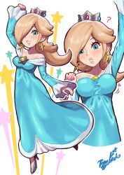Rule 34 | ?, aqua dress, aqua eyes, arm up, artist logo, artist name, bare shoulders, blonde hair, blush, bouncing breasts, breasts, brooch, cleavage, clenched hand, collarbone, crown, dress, earrings, full body, hair over one eye, heart, highres, jewelry, jumping, long hair, looking at viewer, looking down, mario (series), medium breasts, mini crown, multiple views, nintendo, off-shoulder dress, off shoulder, rosalina, simple background, star (symbol), star brooch, star earrings, toggy keiichi, upper body, white background