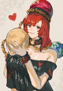 1girl absurdres armpit_crease bare_shoulders black_shirt breasts cleavage clothes_writing collar collarbone cropped_shirt grey_background hands_up hat heart hecatia_lapislazuli highres holding_orb large_breasts medium_hair off_shoulder oftooon red_eyes red_hair red_hat shirt simple_background solo touhou wrist_cuffs