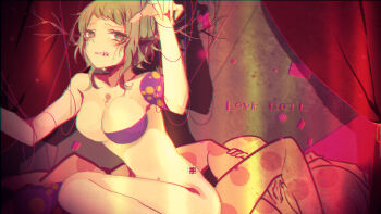 1girl arms_up bad_id bad_pixiv_id breasts chromatic_aberration curtains female_focus green_eyes grimace gumi hazakura_chikori looking_at_viewer love_doll_(vocaloid) medium_breasts no_nipples nude shadow short_hair sitting solo song_name stage_curtains stitched_mouth stitches string string_of_fate vocaloid