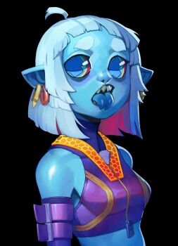 1girl ahoge bare_shoulders black_background blue_eyes breasts briar_(league_of_legends) colored_skin crop_top detached_sleeves earrings estyy forked_tongue green_skin highres jewelry league_of_legends medium_breasts pointy_ears red_hair sharp_teeth shiny_skin short_hair simple_background solo street_demons_briar teeth tongue tongue_out upper_body white_hair