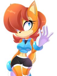 Rule 34 | 1girl, artist request, blue eyes, breasts, brown fur, brown hair, furry, gloves, large breasts, one eye covered, sally acorn, serious, shorts, sonic (series), sonic the hedgehog, sportswear, tail, transparent background