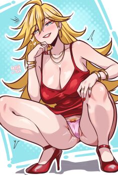 1girl absurdres blonde_hair blue_eyes bracelet breasts commentary dress earrings english_commentary grin high_heels highres jewelry large_breasts long_hair looking_at_viewer mashiaka nail_polish necklace panties panty_&amp;_stocking_with_garterbelt panty_(psg) pink_panties pubic_hair pubic_hair_peek red_dress red_nails red_shoes ring shoes smile solo spread_legs squatting thighs underwear