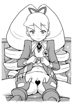 1boy 1girl bad_id blush bow censored clothes_lift dress dress_lift drill_hair fingerless_gloves geo_stelar_(mega_man) gloves greyscale hair_bow heart heart_censor heriyama lifting_own_clothes loli long_hair luna_platz_(mega_man) mega_man_(series) mega_man_star_force_(series) monochrome out_of_frame pussy sitting smile twin_drills very_long_hair
