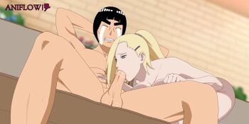 1boy 1girl abs aniflow artist_name blonde_hair blue_eyes breasts clenched_teeth closed_eyes completely_nude couch crying erection fellatio hair_ornament hairclip hetero highres ino_yamanaka large_breasts long_hair naruto_(series) naruto_shippuuden nude older_male_and_younger_female on_couch oral penis ponytail rock_lee saliva self-upload short_hair sitting streaming_tears suck tears teeth toned toned_male uncensored
