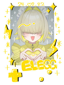 1girl absurdres blonde_hair blush breasts cleavage elegg_(nikke) goddess_of_victory:_nikke hair_intakes hair_ornament hair_over_eyes highres jersey_maid kina_x_kina large_breasts long_hair looking_at_viewer maid open_mouth simple_background smile solo unconventional_maid