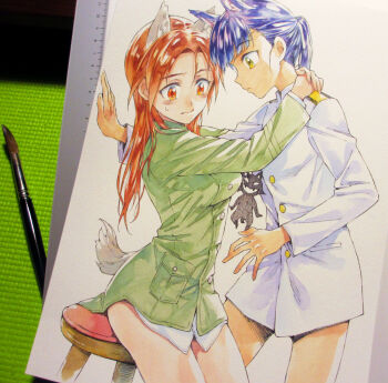 3girls agahari animal_ears art_brush art_tools_in_frame blue_hair bottomless breasts buttons closed_mouth commentary_request dog_ears dog_girl dog_tail green_jacket hands_on_another&#039;s_neck jacket long_hair looking_down medium_breasts mini_person minigirl minna-dietlinde_wilcke multiple_girls on_stool paintbrush painting_(medium) photo_(medium) ponytail red_eyes red_hair sakamoto_mio shirt short_hair silhouette silhouette_demon sitting small_sweatdrop standing stool strike_witches tail traditional_media white_shirt world_witches_series yellow_eyes yuri