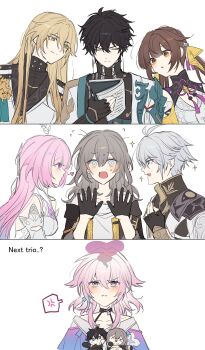 3boys 4girls absurdres ahoge anger_vein antenna_hair black_hair blonde_hair book breasts brown_hair character_doll choker cyrene_(demiurge)_(honkai:_star_rail) cyrene_(honkai:_star_rail) dan_heng_(honkai:_star_rail) dan_heng_(hunt)_(honkai:_star_rail) detached_sleeves doll earrings english_text gloves green_eyes grey_hair hair_ornament hashtag-only_commentary heart highres honkai:_star_rail honkai_(series) jacket jewelry long_hair low_twintails luocha_(honkai:_star_rail) march_7th_(honkai:_star_rail) march_7th_(preservation)_(honkai:_star_rail) multicolored_eyes multiple_boys multiple_girls off_shoulder phainon_(honkai:_star_rail) pink_hair ribbon single_earring sp0i0ppp sparkle spoken_anger_vein squeezing stelle_(honkai:_star_rail) strap sushang_(honkai:_star_rail) trailblazer_(honkai:_star_rail) turtleneck twintails two-tone_eyes white_hair yellow_eyes