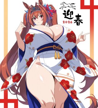 1girl 2026 alternate_costume animal_ears breasts brown_hair cleavage closed_mouth commentary curvy daiwa_scarlet_(umamusume) floral_print frown highres horse_ears horse_girl huge_breasts japanese_clothes kimono long_hair looking_at_viewer red_eyes ringosu33333 sash solo symbol-only_commentary thick_thighs thighs tiara twintails umamusume v-shaped_eyebrows very_long_hair white_background white_kimono