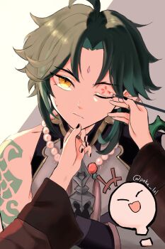 1boy ahoge aqua_hair bare_shoulders bead_necklace beads black_nails brown_background brush chinese_clothes collarbone crossed_arms drawing_on_another&#039;s_face eyeliner facial_mark fang finn. forehead_mark genshin_impact green_hair hair_intakes hand_on_another&#039;s_chin hand_on_another&#039;s_face highres jewelry makeup multicolored_hair multiple_rings nail_polish necklace one_eye_closed open_mouth ring sidelocks skin_fang slit_pupils sweatdrop tattoo twitter_username two-tone_background two-tone_hair white_background wide_sleeves writing_on_face xiao_(genshin_impact) yellow_eyes