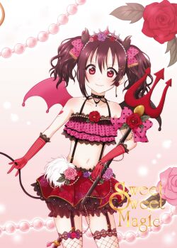1girl bat_wings bikini black_hair blush devil female_focus gloves horns long_hair love_live! love_live!_school_idol_festival love_live!_school_idol_project polearm red_eyes smile solo swimsuit tail trident twintails weapon wings yazawa_nico