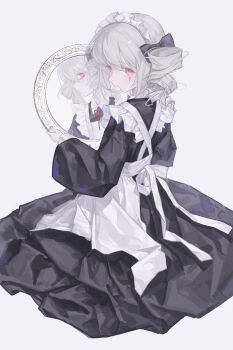 1girl absurdres apron black_dress bow chinese_commentary commentary dress drill_hair from_behind full_body grey_hair hair_bow highres holding holding_mirror maid_headdress mirror pink_eyes reflection simple_background solo tlipoca twin_drills white_apron white_background yaoyao_(yoyo27456335489) yog-sothoth&#039;s_yard