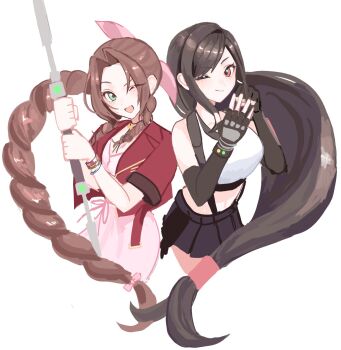 2girls aerith_gainsborough ao_ringo_(yakirinngo_ha) bare_shoulders black_bra black_gloves black_hair black_skirt bra bracelet braid braided_ponytail breasts brown_hair choker closed_mouth commentary cowboy_shot crop_top cropped_jacket dress final_fantasy final_fantasy_vii final_fantasy_vii_remake fingerless_gloves flower_choker gloves gold_bangle green_eyes hair_ribbon hair_tie highres holding holding_staff jacket jewelry large_breasts long_hair looking_at_viewer low-tied_long_hair materia midriff miniskirt multiple_bracelets multiple_girls one_eye_closed open_mouth parted_bangs pink_dress pink_ribbon pleated_skirt red_eyes red_jacket ribbon shirt short_sleeves sidelocks silver_bangle single_braid single_sidelock sketch skirt sleeveless sleeveless_shirt small_breasts smile sports_bra staff suspenders tifa_lockhart underwear untranslatable_commentary white_background white_shirt