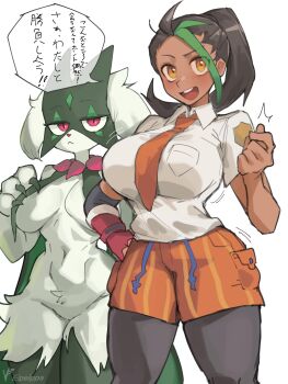 2girls black_hair breasts dark-skinned_female dark_skin female_focus furry furry_female gloves green_hair iparupua japanese_text large_breasts looking_at_viewer meowscarada multiple_girls necktie nemona_(pokemon) nintendo orange_eyes orange_necktie orange_shorts pantyhose pokemon red_eyes red_gloves shirt shorts slit_pupils standing thick_thighs thighs translation_request white_background white_shirt