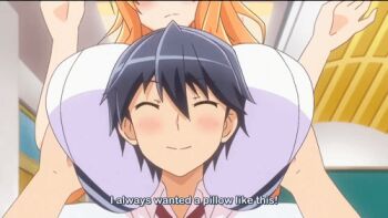 1boy 1girl animated animated_gif between_breasts black_hair blonde_hair blush breasts english_text frown head_between_breasts hetero honoo_no_haramase_oppai_ero_appli_gakuen huge_breasts lowres majime_masato smile uesaka_ayane upper_body