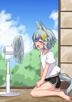 1girl absurdres animal_ears barefoot black_shorts blue_sky blush breasts closed_eyes cloud dolphin_shorts ear_covers electric_fan flower grey_hair hair_between_eyes hair_flower hair_ornament hairclip highres horse_ears horse_girl horse_tail lexis_yayoi open_mouth seiun_sky_(umamusume) shirt short_hair short_sleeves shorts single_ear_cover sky solo sunflower sunflower_hair_ornament sweat tail umamusume white_shirt