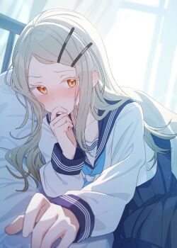 1girl absurdres bed bed_sheet black_skirt blonde_hair blush colored_eyelashes finger_to_mouth gakuen_idolmaster hair_ornament hairclip highres idolmaster indoors kirizuki_reika long_hair on_bed orange_eyes parted_bangs pleated_skirt reaching reaching_towards_viewer school_uniform shinosawa_hiro skirt solo