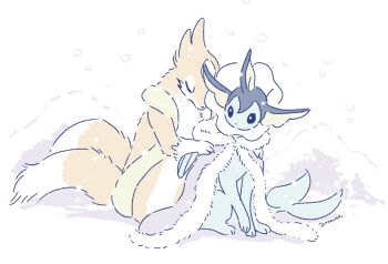animal_focus arm_fins breath closed_eyes commentary_request dressing_another fins floatzel fur-trimmed_robe fur_trim gen_1_pokemon gen_4_pokemon head_fins looking_at_another looking_back multiple_tails nintendo no_humans on_ground outdoors pokemon pokemon_(creature) robe signature sitting snow snowing tail vaporeon white_background winter yurano_(upao)
