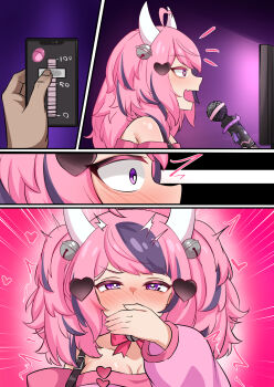 1girl bell blush choker controller covering_own_mouth demon demon_girl demon_horns diuda egg_vibrator hand_over_mouth highres horns ironmouse livestream microphone pink_hair purple_hair remote_control_vibrator screen sex_toy twitching vibrator virtual_youtuber vshojo