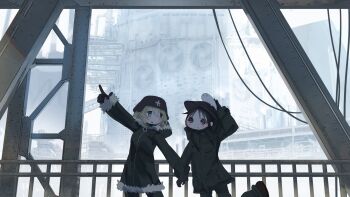 2girls black_eyes black_gloves black_hair blonde_hair blue_eyes chito_(shoujo_shuumatsu_ryokou) cowboy_shot day fur_trim gloves green_jacket green_pants helmet highres industrial industrial_pipe jacket long_hair long_sleeves momo_(tou_gen_kyo) multiple_girls nuko_(shoujo_shuumatsu_ryokou) pants pointing rivets shoujo_shuumatsu_ryokou steel_beam yuuri_(shoujo_shuumatsu_ryokou)