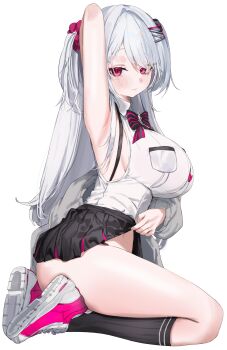 1girl absurdres arm_up armpit_crease armpits black_bow black_bowtie black_socks blush bow bowtie breasts closed_mouth clothes_lift collared_shirt commentary_request curvy dot_nose expressionless facing_viewer female_pervert from_side gem grey_jacket hair_between_eyes hair_ornament hairclip halter_shirt halterneck highres huge_breasts jacket kneehighs kneeling korean_commentary krabking large_breasts long_hair long_sleeves looking_at_viewer looking_to_the_side narrow_waist off_shoulder original panties parallel_hairclips partial_commentary pervert pink_eyes pleated_skirt presenting presenting_armpit red_gemstone riche_leilani bad_tag seiza shirt shoes simple_background sitting skirt skirt_lift sleeveless sneakers socks solo thick_thighs thighs turning_head two-tone_skirt two_side_up underwear very_long_hair white_background white_hair white_shirt white_shoes