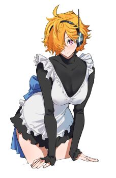 1girl af60489 alternate_costume apron black_dress blue_bow blush bow breasts collarbone commentary_request cropped_legs dress earpiece frilled_apron frills hair_over_one_eye hand_rest headphones highres leaning_forward long_sleeves looking_at_viewer one_eye_covered one_piece orange_hair pink_eyes purple_eyes see-through_cleavage see-through_clothes short_hair simple_background smile solo standing turtleneck turtleneck_dress vegapunk_lilith waist_bow white_background