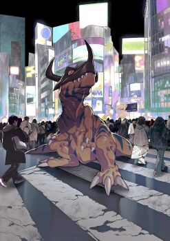 bly_mead city crosswalk digimon digimon_(creature) dinosaur greymon helmet highres horns missing_commentary night orange_scales outdoors real_world_location red_eyes shibuya_(tokyo) shibuya_scramble_crossing solo_focus standing tokyo_(city)
