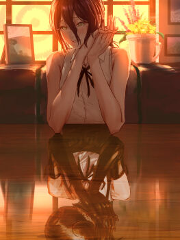 1girl absurdres black_ribbon bomb_devil_(chainsaw_man) chainsaw_man different_reflection highres indoors neck_ribbon own_hands_together purple_hair reflection reze_(chainsaw_man) ribbon shirt sitting sleeveless sleeveless_shirt smile_(qd4nsvik) table white_shirt window