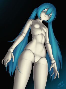 Rule 34 | 1girl, 2024, \||/, absurdres, android, aqua nails, arms at sides, black background, blue eyes, blue hair, breasts, cabronpr, closed mouth, collarbone, commentary, completely nude, cowboy shot, double-parted bangs, english commentary, film grain, from below, hair between eyes, hair ornament, hatsune miku, highres, joints, long hair, looking at viewer, looking down, nail polish, navel, nipples, no pussy, nude, robot joints, sidelocks, signature, simple background, small breasts, smile, solo, standing, twintails, underlighting, very long hair, vocaloid