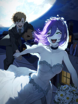&gt;_&lt; 1girl 2boys :d absurdres angel_devil_(chainsaw_man) b1026 bandaged_arm bandages black_hair black_suit blonde_hair bouquet breasts bridal_veil bride brown_eyes chainsaw_man cleavage colored_skin commentary corpse_bride cosplay denji_(chainsaw_man) dress emily_(corpse_bride) emily_(corpse_bride)_(cosplay) english_commentary flower formal_clothes full_moon gradient_hair green_eyes grenade_pin grey_skin grin groom halo highres holding holding_bouquet holding_hands long_hair moon multicolored_hair multiple_boys night open_mouth outdoors pochita_(chainsaw_man) purple_hair red_hair reze_(chainsaw_man) running shirt small_breasts smile suit veil victor_van_dort victor_van_dort_(cosplay) wedding_dress white_shirt white_wings wings yellow_halo