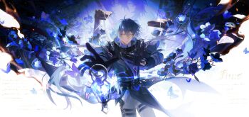 1boy absurdres antenna_hair bags_under_eyes beads black_capelet black_coat black_gloves blue_butterfly blue_fire blue_flower blue_hair broken bug burning burning_paper butterfly capelet character_name chinese_commentary coat collared_shirt commentary_request cowboy_shot embers empty_picture_frame fire flins_(genshin_impact) flower framed_insect gem genshin_impact gloves grey_pants hair_between_eyes hand_on_own_chest high_collar highres insect lantern light_particles long_hair long_sleeves looking_at_viewer luningzi male_focus no_pupils outstretched_arm pants parted_lips picture_frame portrait_(object) purple_butterfly purple_gem purple_shirt reaching reaching_towards_viewer revealing_layer shirt sky solo standing star_(sky) starry_sky straight-on thigh_strap very_long_hair white_background yellow_eyes