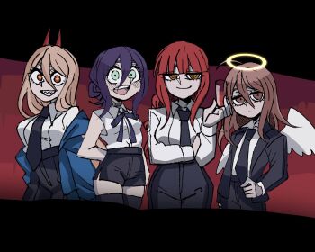 +_+ 1boy 3girls alcohol angel angel_devil_(chainsaw_man) angel_wings arm_behind_back black_jacket black_skirt blue_jacket brown_eyes brown_hair chainsaw_man choker cross-shaped_pupils cup demon_girl demon_horns drinking_glass evil_smile feathered_wings formal_clothes halo hell helltaker helltaker_(style) highres horns jacket long_hair long_sleeves makima_(chainsaw_man) multiple_girls off_shoulder parody pencil_skirt pink_hair ponytail power_(chainsaw_man) red_hair red_horns reze_(chainsaw_man) sharp_teeth shirt skirt sleeveless smile style_parody symbol-shaped_pupils teeth udonmaru_men vanripper_(style) white_shirt white_wings wine wine_glass wings yellow_eyes