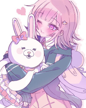 1girl backpack bag blush bow brown_hair brown_skirt danganronpa_(series) danganronpa_2:_goodbye_despair ear_bow hair_ornament hugging_doll hugging_object jacket layered_skirt medium_hair miniskirt mu_(user_mcym3758) nanami_chiaki one_eye_closed pink_bag pleated_skirt shirt skirt smile usami_(danganronpa)