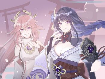 2girls bare_shoulders blunt_bangs blush braid breasts cleavage clothing_cutout commentary couple detached_sleeves floating_hair genshin_impact gradient_background gradient_sky hair_between_eyes hair_floating_upwards hair_ornament happy head_tilt headpiece highres japanese_clothes jewelry kimono large_breasts long_braid long_hair long_sleeves looking_at_viewer low-tied_long_hair ma_matuge multiple_girls neck_ribbon parted_lips pendant pink_hair purple_background purple_eyes purple_hair purple_kimono purple_sky raiden_shogun red_ribbon red_sash ribbon sash shoulder_cutout single_braid sky smile standing teeth upper_body wide_sleeves yae_miko