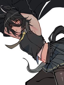 1girl ahoge alternate_hair_length_(shorter) animal_ears armpits bare_shoulders black_hair black_jacket black_shirt black_skirt breasts brown_eyes brown_necktie brown_pantyhose commentary_request hair_between_eyes highres horse_ears horse_girl horse_tail jacket kawamochi_(kawauti919) manhattan_cafe_(creeping_shadow)_(umamusume) manhattan_cafe_(umamusume) midriff multicolored_hair navel necktie pantyhose parted_lips pleated_skirt shirt simple_background skirt sleeveless sleeveless_shirt small_breasts solo tail thighband_pantyhose two-tone_hair umamusume white_background white_hair