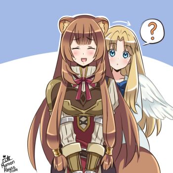 Rule 34 | 2girls, :d, :o, ?, abstract background, animal ear fluff, animal ears, armor, artist name, behind another, bird girl, bird wings, black dress, blonde hair, blue background, blue eyes, blunt bangs, blush, breasts, brown armor, brown gloves, brown hair, closed eyes, commentary request, confused, curtained hair, dated, double-parted bangs, dress, elbow gloves, facing viewer, feathered wings, filo (tate no yuusha no nariagari), gloves, leather armor, long hair, long sleeves, maroonabyss, medium breasts, metal arm cuffs, metal wrist cuffs, multiple girls, neck ribbon, open mouth, pauldrons, pinstripe dress, pinstripe pattern, raccoon ears, raccoon girl, raccoon tail, raphtalia, red dress, red ribbon, ribbon, shoulder armor, signature, single pauldron, sleeveless, sleeveless dress, smile, speech bubble, spoken question mark, straight-on, straight hair, sweatdrop, tail, tate no yuusha no nariagari, two-tone dress, upper body, white background, white dress, white wings, wings