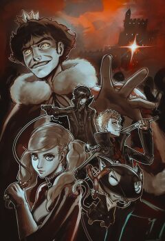 1girl 5boys amamiya_ren black_coat bodysuit catsuit chapinor coat gloves highres holding holding_hands holding_lead_pipe joker_(persona_5) kamoshida_suguru lead_pipe morgana_(persona_5) multiple_boys panther_(persona_5) persona persona_5 red_bodysuit sakamoto_ryuuji shadow_(persona) skull_(persona_5) slingshot_swimsuit swimsuit takamaki_anne twintails whip yellow_wings