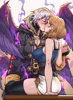 1boy 1girl ass aura belt belt_buckle black_claws black_cloak black_thighhighs blue_shirt blush breasts brown_hair buckle claws cloak closed_eyes commission couple dark_aura dragon dragon_horns extra_eyes female_kiran_(fire_emblem) female_kiran_(fire_emblem)_(evomanaphy) fire_emblem fire_emblem_heroes hand_on_another&#039;s_thigh highres holding_hands horns jewelry kiran_(fire_emblem) kiss large_breasts male_robin_(fire_emblem) male_robin_(grima)_(fire_emblem) medium_hair nintendo ring scales shirt sitting skindentation thick_thighs thighhighs thighs white_hair wings zuddi