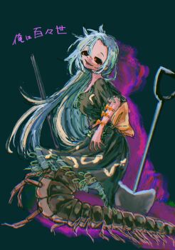 absurdres arm_bow arthropod_girl back_bow blue_hair bow bug centipede centipede_girl chain_belt chromatic_aberration colored_sclera colored_shadow commentary_request curtained_hair double-parted_bangs drop_shadow from_side green_background green_skirt hair_between_eyes head_tilt highres himemushi_momoyo impressionism jellyfish_cut jewelry long_hair looking_at_viewer looking_to_the_side messy_hair monster_girl multiple_arm_straps multiple_rings omaega_chan orange_bow out_of_frame parted_bangs red_sclera ring scoop_neck shadow short_sleeves shovel skirt skirt_set smile tareme tools touhou very_long_hair