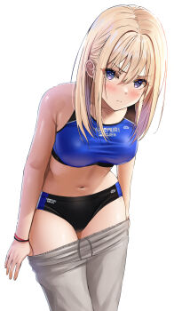 1girl absurdres bare_arms black_buruma black_sports_bra blonde_hair blue_buruma blue_sports_bra blush bracelet breasts buruma collarbone commentary_request gradient_hair grey_pants gyaru highres jewelry long_hair looking_at_viewer medium_breasts multicolored_hair navel original pants purple_eyes purple_hair scowl sports_bra standing sweatpants thighs track_uniform two-tone_buruma two-tone_hair two-tone_sports_bra undressing white_background yukemuriganmo
